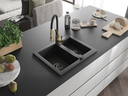 Mexen Carlos гранитна мивка 1,5 камерна с кухненски смесител Aster, черен/сребърен металик - 6518-73-73450-57-B