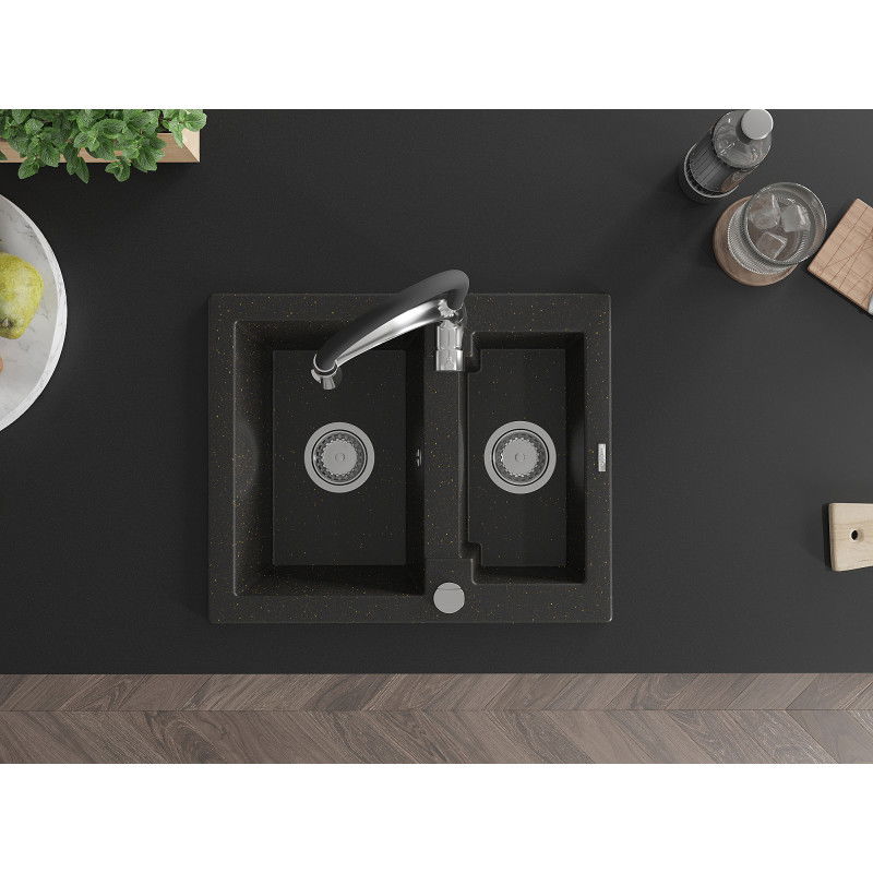 Mexen Carlos гранитна мивка с 1,5 камери с кухненски смесител Aster, черен/златен металик - 6518-75-73450-07