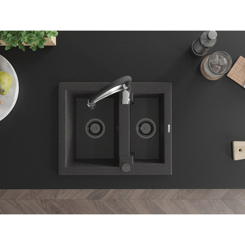 Mexen Carlos гранитна мивка 1,5-корпусна с кухненски смесител Aster, черен на пръски - 6518-76-73450-07-B