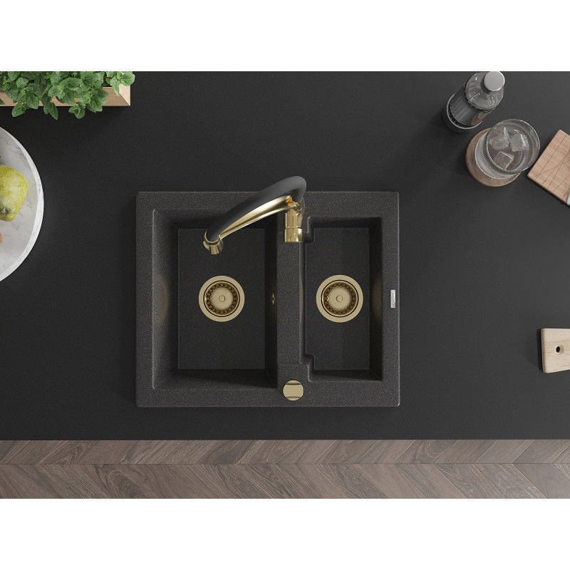 Mexen Carlos гранитна мивка 1,5-коморна с кухненски смесител Aster, черен на петна - 6518-76-73450-57-G