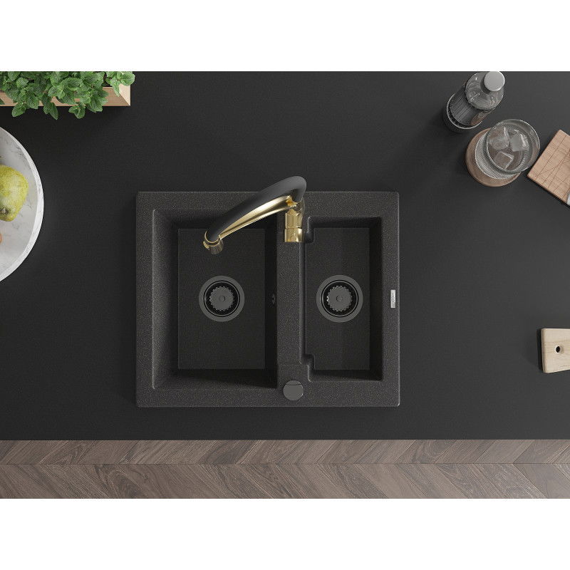 Mexen Carlos гранитна мивка 1,5-камерна с кухненски смесител Aster, черно напрашено - 6518-76-73450-57-B