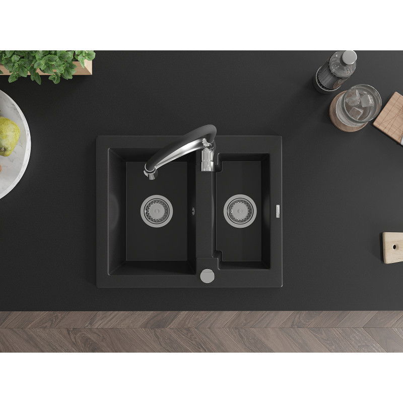 Mexen Carlos гранитна мивка с 1,5 камери с кухненски смесител Aster, черен - 6518-77-73450-07