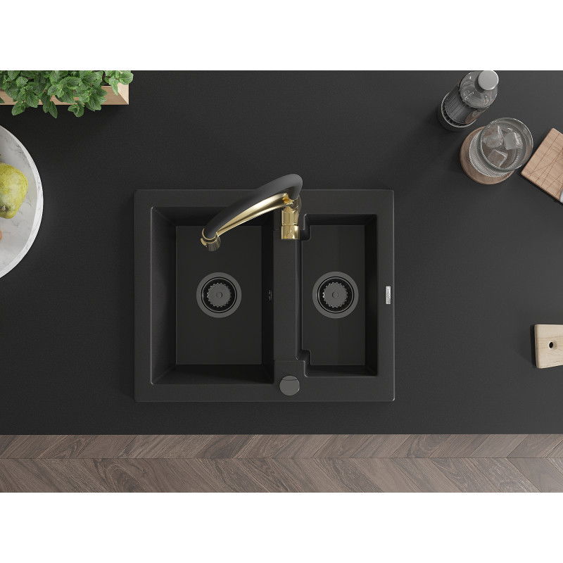 Mexen Carlos гранитна мивка с 1,5 отделение с кухненски смесител Aster, черен - 6518-77-73450-57-B