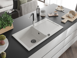 Mexen Leo гранитна мивка с 1 отделение и сушилник и кухненски смесител Flora, бял - 6501-20-670401-07-B