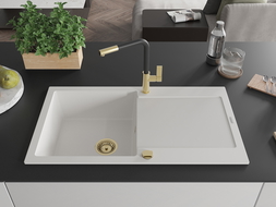 Mexen Leo еднокамерен гранитен мивка с отцедник и кухненски смесител Flora, бял - 6501-20-670401-57-G