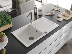 Mexen Leo гранитна мивка с 1 гнездо с отцедник и кухненски смесител Flora, бял - 6501-20-670401-57-B