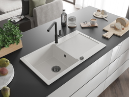 Mexen Leo Гранитна мивка 1-коморна с отцедник и кухненски смесител Flora, бял - 6501-20-670401-70-B