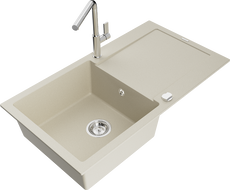 Mexen Leo гранитна мивка с 1 корито и отцедник и кухненски смесител Flora, бежов - 6501-69-670401-00