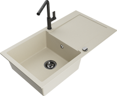 Mexen Leo гранитна мивка с 1 корито с отцедник и кухненски смесител Flora, бежов - 6501-69-670401-70-B