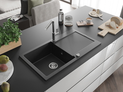 Mexen Leo мивка от гранит с 1 отделение с отцедник и кухненски смесител Flora, черен/сребърен металик - 6501-73-670401-00