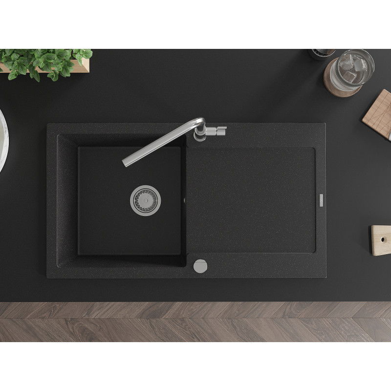 Mexen Leo мивка от гранит с 1 отделение с отцедник и кухненски смесител Flora, черен/сребърен металик - 6501-73-670401-00