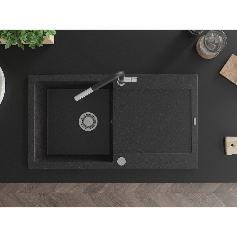 Mexen Leo гранитна мивка с една камера с отцедник и кухненски смесител Flora, черен/сребрист металик - 6501-73-670401-07