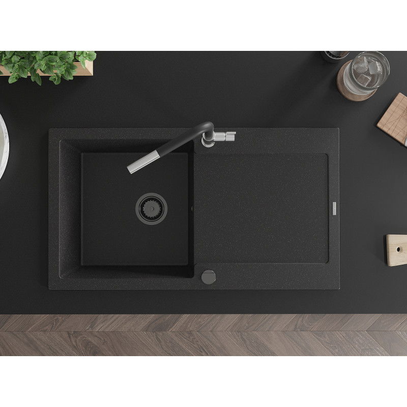 Mexen Leo гранитна мивка с 1 камера и отцедник с кухненски смесител Flora, черен/сребърен металик - 6501-73-670401-07-B