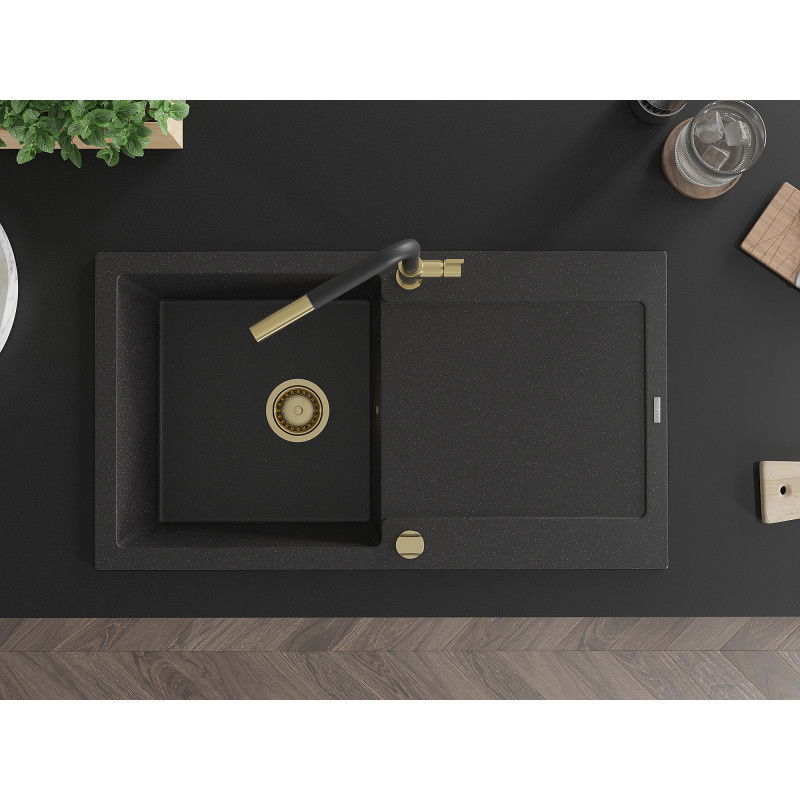 Mexen Leo еднокоморна гранитна мивка с отцедник и кухненски смесител Flora, черен/сребърен металик - 6501-73-670401-57-G