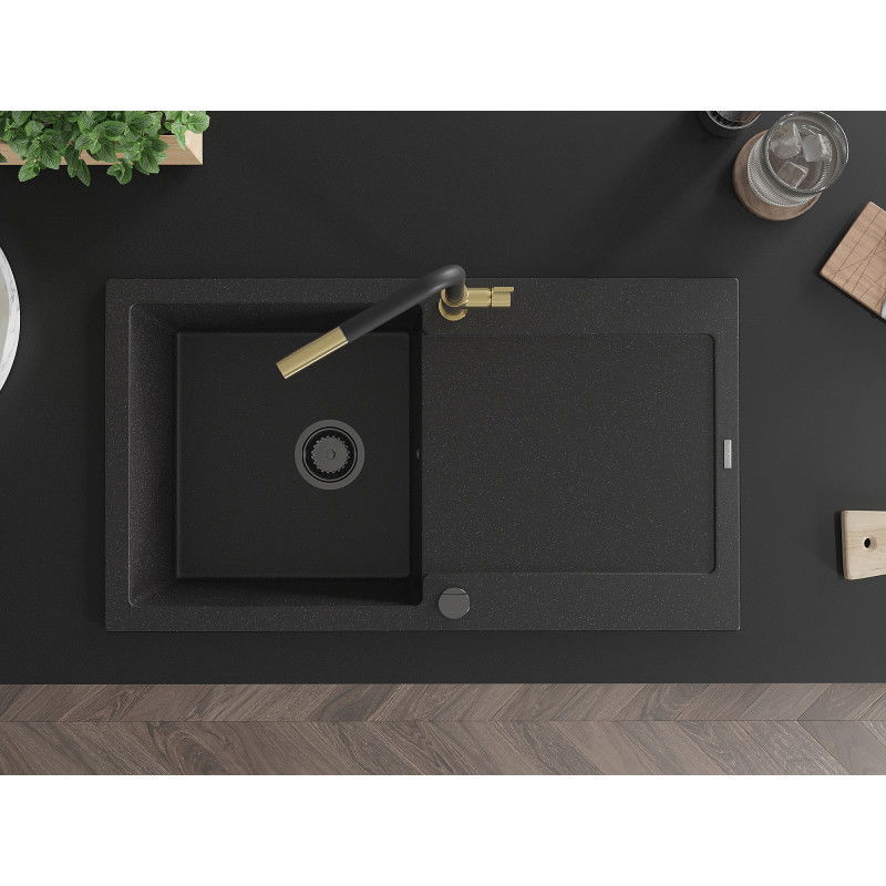 Mexen Leo гранитна мивка с 1 камера с отцедник и кухненски смесител Flora, черен/сребрист металик - 6501-73-670401-57-B
