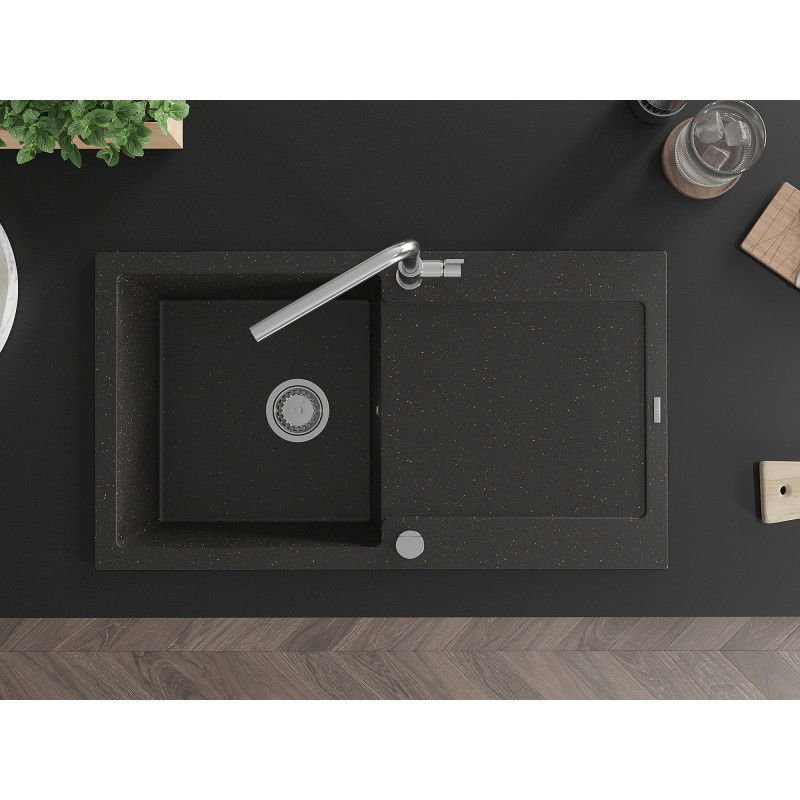 Mexen Leo гранитна мивка с 1 отделение с отцедник и кухненски смесител Flora, черен/златен металик - 6501-75-670401-00