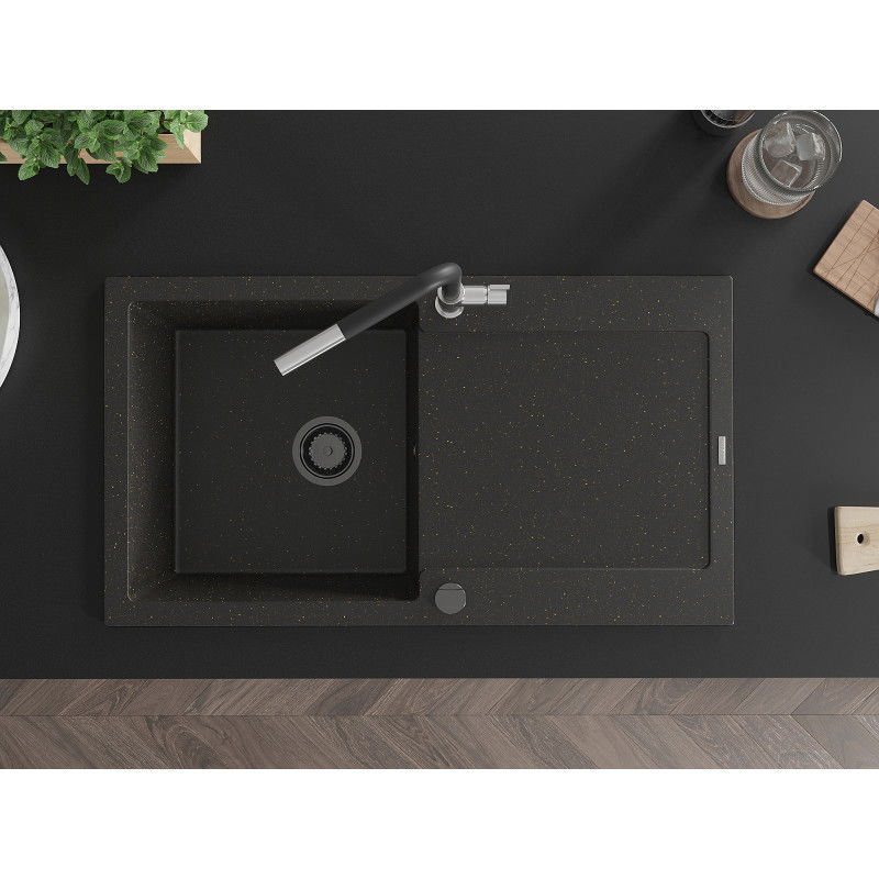 Mexen Leo гранитна кухненска мивка с 1 корито с отцедник и кухненски смесител Flora, черен/златен металик - 6501-75-670401-07-B