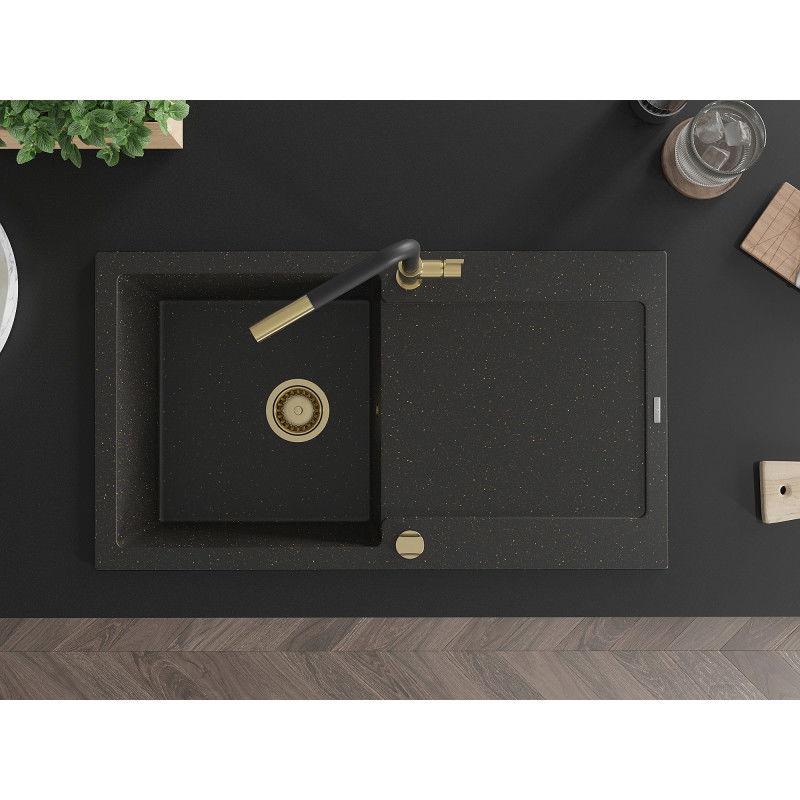 Mexen Leo гранитна мивка с 1 корито с преливник и кухненски смесител Flora, черен/златист металик - 6501-75-670401-57-G