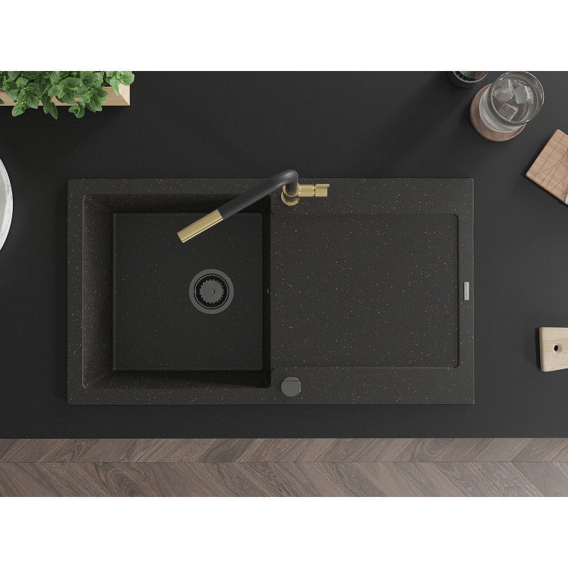 Mexen Leo гранитна мивка с 1 отделение с отцедник и кухненски смесител Flora, черен/златен металик - 6501-75-670401-57-B