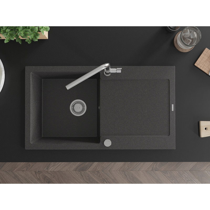 Mexen Leo гранитна мивка с една камера, отцеждащо корито и кухненски смесител Flora, черен на точки - 6501-76-670401-00