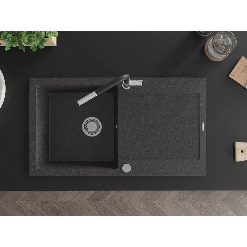 Mexen Leo гранитна мивка с 1 отделение с отцедник и кухненски смесител Flora, черна на пръски - 6501-76-670401-07