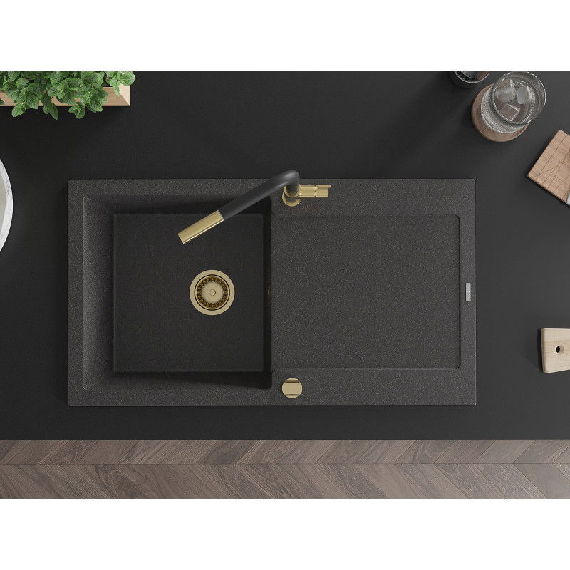 Mexen Leo гранитна еднокамерна мивка с отцедник и кухненски смесител Flora, черно пръскано - 6501-76-670401-57-G