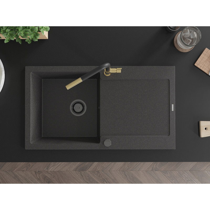 Mexen Leo гранитна мивка с 1 отделение с отцедник и кухненски смесител Flora, черен накъсан - 6501-76-670401-57-B