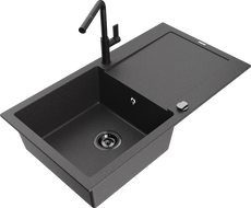 Mexen Leo гранитна мивка с 1 отделение и отцедник и кухненски смесител Flora, черен на петна - 6501-76-670401-70-B
