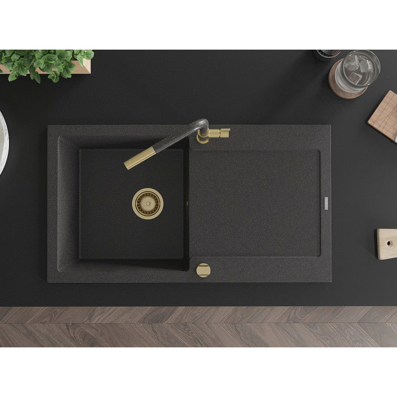 Mexen Leo 1-коморов гранитен мивка с отцедливник и кухненски смесител Flora, черен на точки - 6501-76-670401-75-G