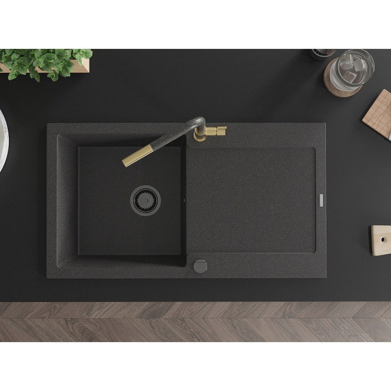 Mexen Leo гранитна мивка с 1 отделение и отцедник и кухненски смесител Flora, черно на петна - 6501-76-670401-75-B
