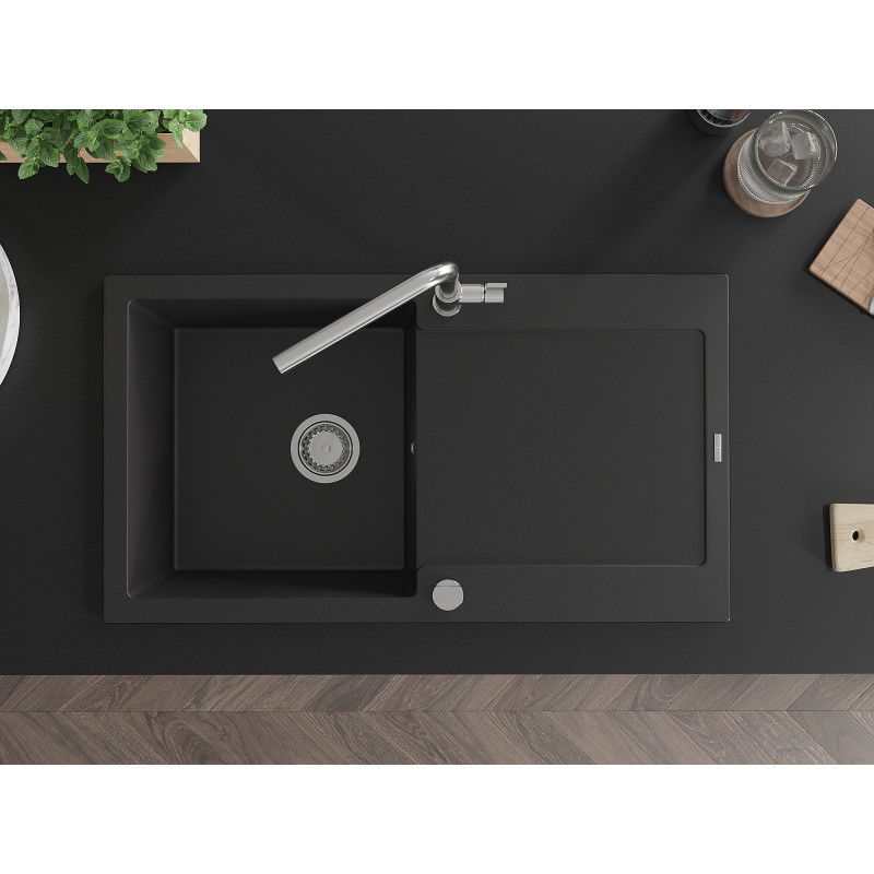 Mexen Leo 1-коморова кухненска мивка с черно покритие и кухненски смесител Flora, черен - 6501-77-670401-00