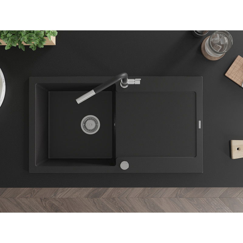 Mexen Leo гранитна кухненска мивка с 1 камера с отцедник и кухненски смесител Flora, черен - 6501-77-670401-07