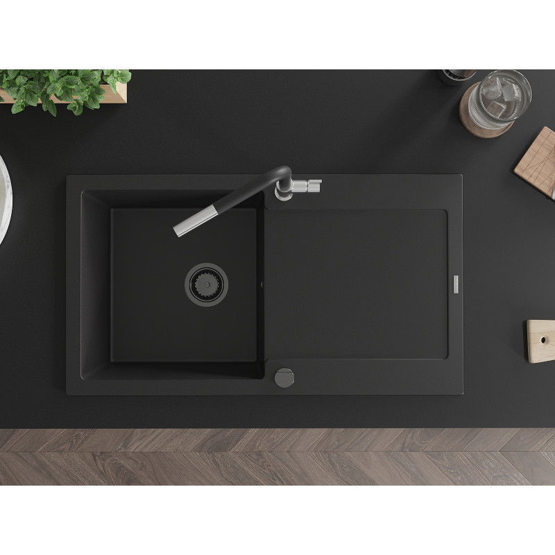 Mexen Leo еднокамерна кухненска мивка от гранит с отцедник и кухненски смесител Flora, черен - 6501-77-670401-07-B