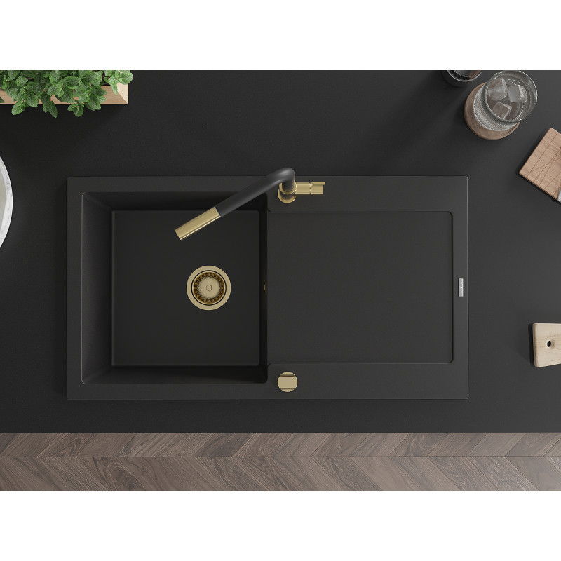 Mexen Leo гранитна мивка с една камера с дъска за отцеждане и кухненски смесител Flora, черен - 6501-77-670401-57-G