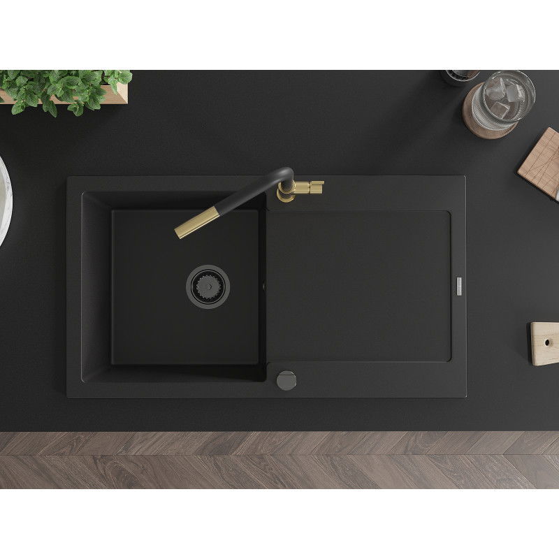 Mexen Leo мивка с отцедник и кухненски смесител Flora, черен - 6501-77-670401-57-B