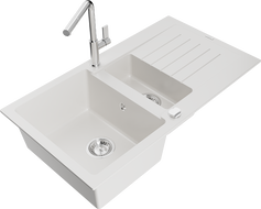 Mexen Matias гранитна мивка с 1,5 отделения и отцедник и кухненски смесител Flora, бял - 6502-20-670401-00