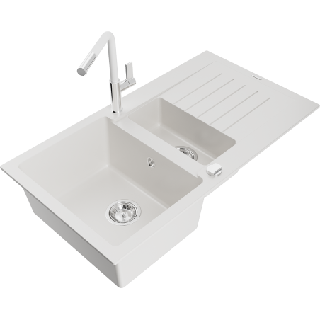 Mexen Matias гранотна мивка с 1,5 камери с отцеди и кухня батерия Flora, бял