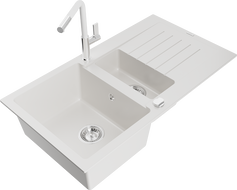 Mexen Matias гранитна мивка 1,5-коморна със сушилник и кухненски смесител Flora, бял - 6502-20-670401-02