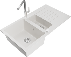 Mexen Matias гранитна мивка 1,5-камерна с отцедник и кухненски смесител Flora, бял - 6502-20-670401-06
