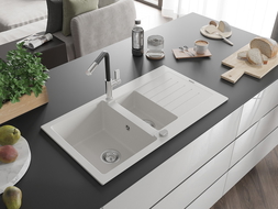 Mexen Matias кухненска мивка гранит 1,5-камерна с отцедник и кухненски смесител Flora, бял - 6502-20-670401-07