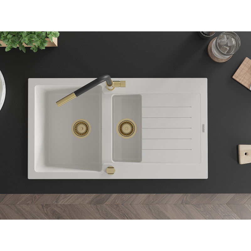 Mexen Matias гранитна мивка с 1,5 камери, с отцедник и кухненски смесител Flora, бял - 6502-20-670401-57-G