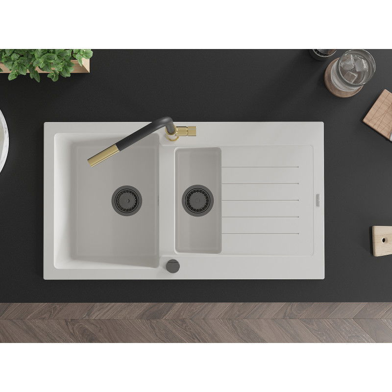 Mexen Matias гранитна мивка с 1,5 камери и отцедник и кухненски смесител Flora, бял - 6502-20-670401-57-B