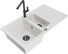 Mexen Matias гранитна мивка с 1,5 отделения с отцедник и кухненски смесител Flora, бял - 6502-20-670401-70-B