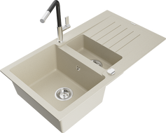 Mexen Matias гранитна мивка 1,5 камери с отцедник и кухненски смесител Flora, бежов - 6502-69-670401-07