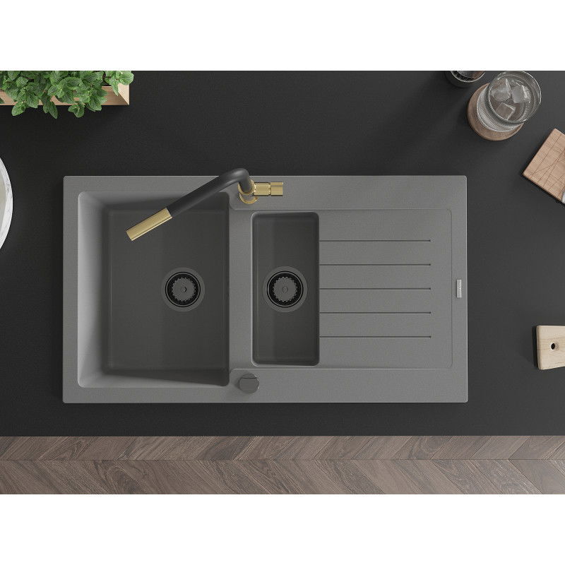 Mexen Matias мивка от гранит 1,5-камерна с капак и кухненски кран Flora, сив - 6502-71-670401-57-B
