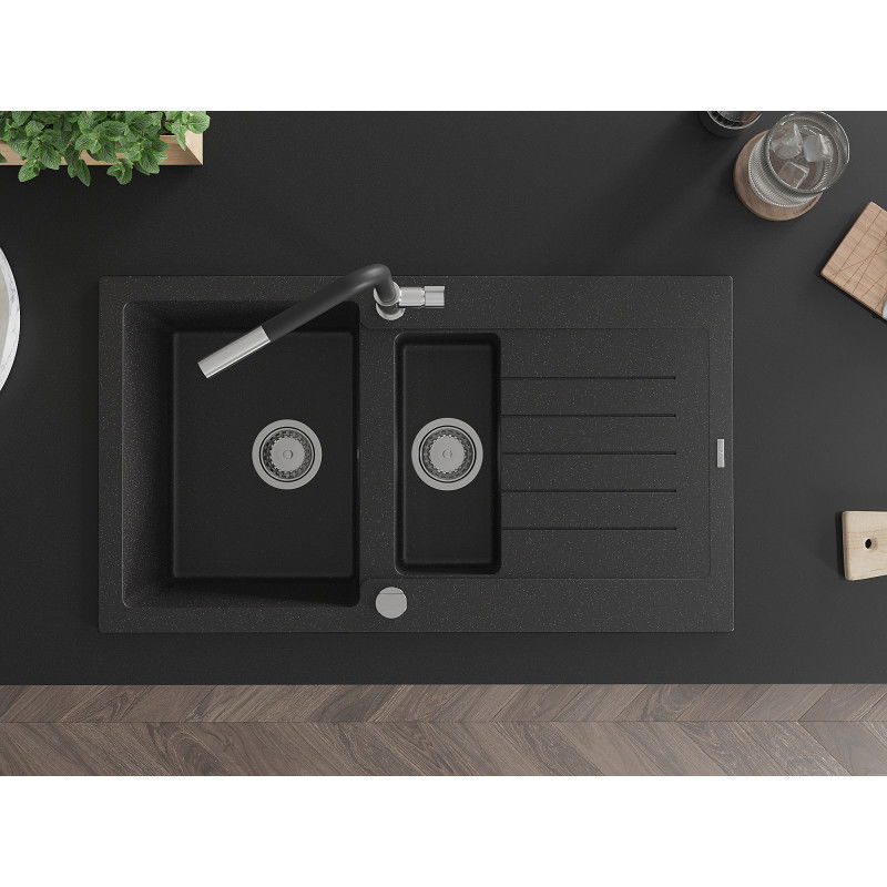 Mexen Matias мивка от гранит с 1,5 камери с отцедник и кухненски смесител Flora, черен/сребърен - 6502-73-670401-07