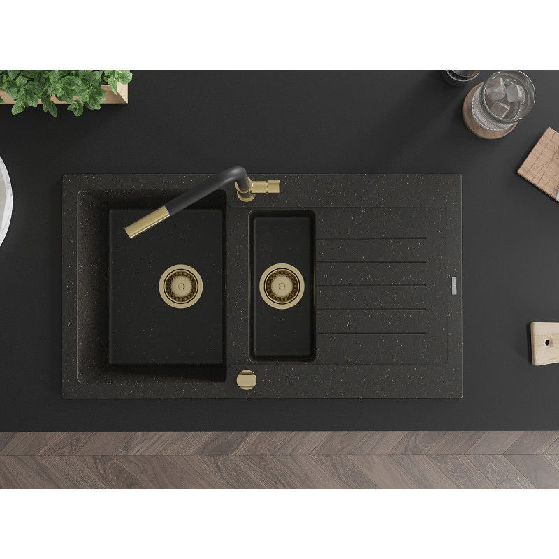 Mexen Matias гранитна мивка с 1,5 камери с отцедник и кухненски смесител Flora, черен/златен - 6502-75-670401-57-G