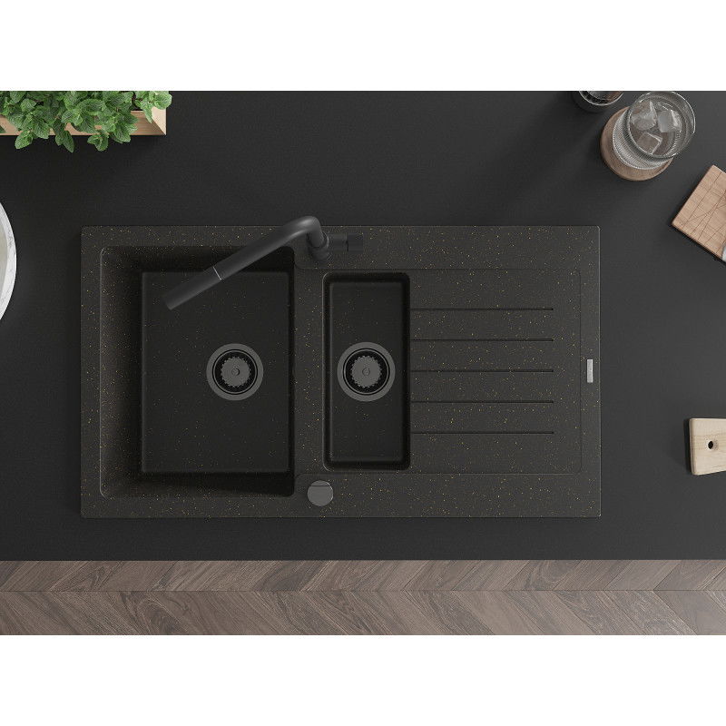 Mexen Matias гранитна мивка 1,5-коморова с отцедник и кухненски смесител Flora, черно/златно - 6502-75-670401-70-B