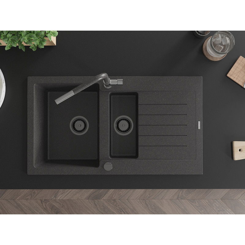 Mexen Matias гранитна мивка с 1,5 камери с отцедник и кухненски смесител Flora,