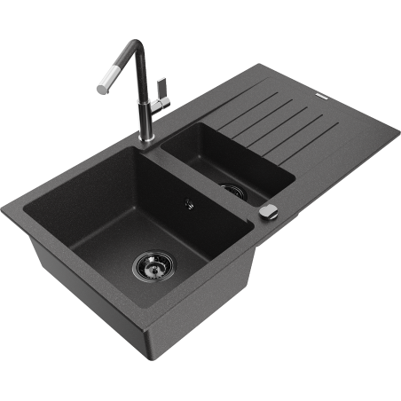 Mexen Matias гранитна мивка с 1,5 камери с отцедник и кухненски смесител Flora,